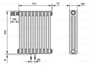 Схема (чертеж) Радиатор Zehnder Charleston 3090/9 №V007 Белый глянцевый RAL 9016